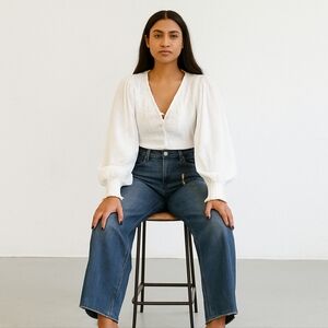 Express High Waist Medium Wash Raw Hem Wide Leg Cotton Denim Jeans 6R 32" Inseam